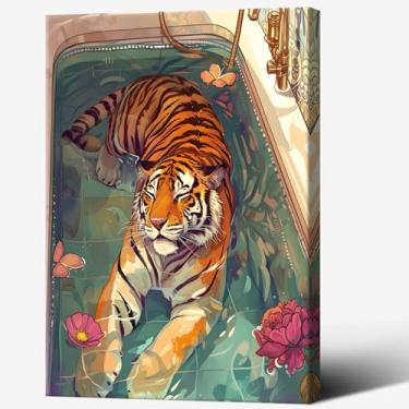 Imagem de Arte engraçada de parede de banheiro tigre na banheira decoração de tela eclética arte de parede coral decoração de banheiro pôster 30,5 x 40,6 cm emoldurado
