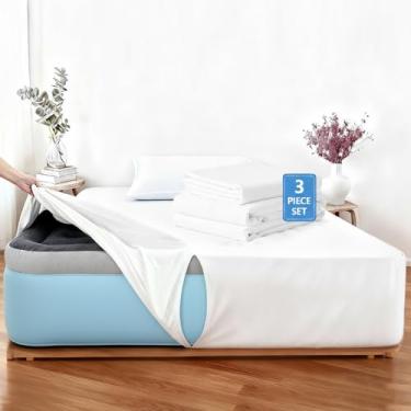 Imagem de Peryiter Jogo de lençol Queen com 3 peças de colchão de ar para cama de 40 a 58 cm, lençol com elástico profundo com abertura para inflação, macio, respirável, resistente para hóspedes, acampamento