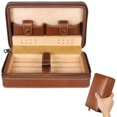 Imagem de Umidor de charuto forrado de madeira de cedro portátil para 4 charutos, bolsa de couro de viagem com acabamento em cedro, acessórios com zíper e estojo de charuto