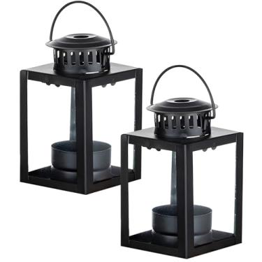 Imagem de Lanternas de vela, moldura de ferro rústica com painéis de vidro, 2 peças de castiçais de lanterna preta, design quadrado, lanternas de velas de jardim, para decoração interna e externa