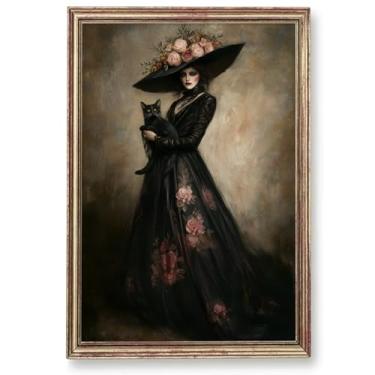 Imagem de Arte de parede de bruxa e gato, pôster estético de Halloween, arte de gato preto, imagens rústicas de Halloween, pôster de mulher gótica, vintage, imagem de bruxa escura, arte de parede, sala gótica