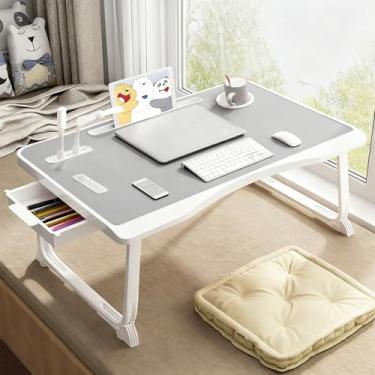 Imagem de Mesa de laptop USB, bandeja dobrável com porta de carregamento USB, alça, compartimento para cartão/copo de mesa, gaveta lateral, suporte portátil para notebook para comer, ler, trabalhar, acampar