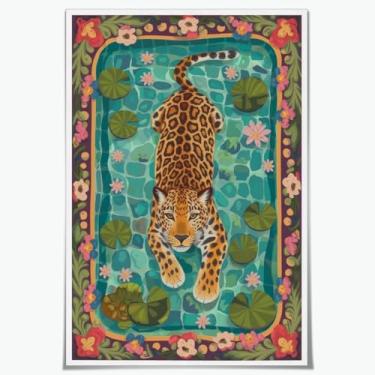 Imagem de Decoração de parede de banheiro de guepardo na moda rosa verde maximalista leopardo impressão artística imagens selva animal pôster eclético boho decoração de quarto para casa escritório bar