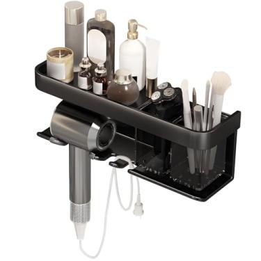Imagem de Organizador montado na parede, cabide para secador de cabelo, liga de alumínio, copo duplo, rack preto, organizador de banheiro, multifuncional, suporte para secador de cabelo