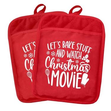 Imagem de Fyecoluo Conjunto de 2 suportes de panela de Natal, decoração de cozinha de Natal, vamos assar coisas e assistir a filmes de Natal resistentes ao calor, almofadas quentes para cozinha e bancada