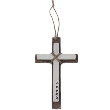 Imagem de Cruz de parede de madeira em camadas John 3:16 – Decoração de parede cristã rústica marrom e creme MDF e juta com cabide de corda