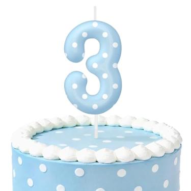 Imagem de Velas de aniversário de bolinhas azuis para bolo, velas número 3, decorações de aniversário, suprimentos de festa, topo de bolo de bolinhas para decoração de festa temática para meninos e meninas