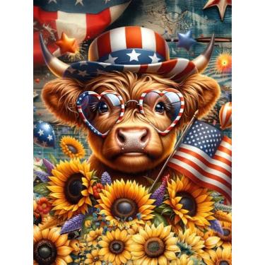 Imagem de NWQZBYHT Kits de arte de diamante de vaca Highland para adultos, kits de pintura de diamante 5D de girassol para iniciantes, faça-você-mesmo com brocas completas de diamante, pinturas, imagens, joias