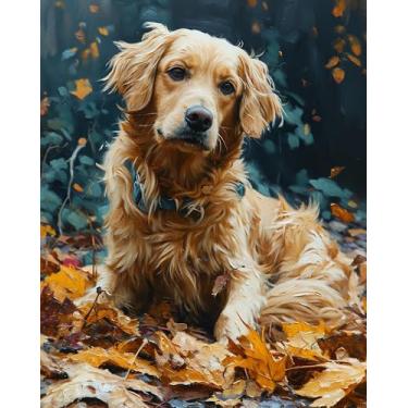 Imagem de VNUIEHG Pintura por números, Golden Retriever brincando com folhas, artesanato adulto pintura por números, artesanato para decoração de casa (sem moldura, 40,6 x 50,8 cm)