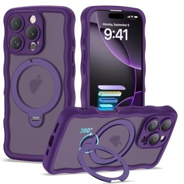 Imagem de BTBTCASE Capa compatível com iPhone 16 Pro com anel magnético rotativo de 360° e suporte invisível, compatível com Mag-Safe, linda capa protetora para celular com moldura ondulada ondulada translúcida