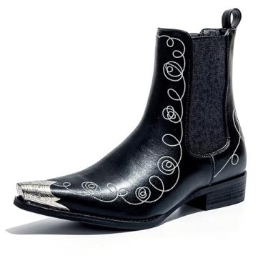 Imagem de Botas masculinas Western Chelsea com bico de metal e bico fino, botas de cowboy bordadas, botas Chelsea estilo ocidental da moda para festas, palcos e streetwear, Preto, 40