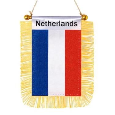 Imagem de JBSJBS Bandeira pendurada da Holanda mini bandeiras holandesas de janela de carro bandeiras de espelho retrovisor decoração bandeiras holandesas com ventosa com franjas douradas dupla face 7,6 x 12,7