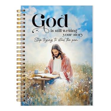 Imagem de LADOCK Caderno espiral Jesus Cristão, God Is Still Writing Your Story Bible Verse Journal, presentes de Jesus para mulheres e homens, caderno de notas de igreja, diário de oração religiosa para