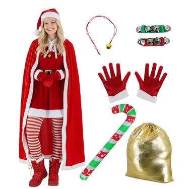 Imagem de GVLAQST Fantasia feminina da Sra. Claus com capuz de veludo, luvas de xale, saco de Papai Noel, bengala inflável, roupa de festa de Natal, Vermelho, 47.24''