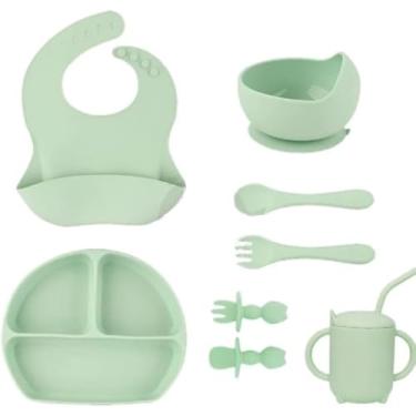 Imagem de Kit 6 Alimentação Bebê Silicone Prato Babador Copo Tigela Cor Verde Introdução Alimentar infantil