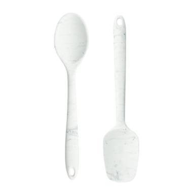 Imagem de Kit Colher e Espátula de Silicone Premium Utensílios para Cozinha Flexível e Resistente ao Calor Ideal para Preparar Alimentos Não Risca as Panelas (Branco Marmore)