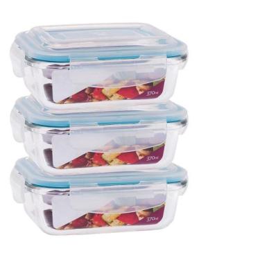 Imagem de Kit 3 Potes Vidro Hermético Retangular Tampa Marmita 370Ml - U4Home