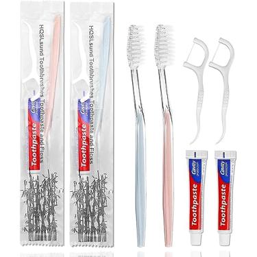 Imagem de 100 escovas de dentes descartáveis com fio dental embrulhado individualmente, escova de dentes descartável de 2 cores, pasta de dente de 10 g, palheta de fio dental, kit de escova de dentes a granel