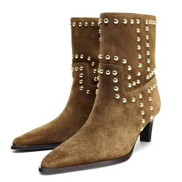 Imagem de BANGTEUO Botas femininas de camurça com salto gatinho cravejado, cano baixo, bico fino, salto baixo, cano médio, para festas, formaturas, encontros elegantes, Marrom, 34