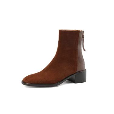 Imagem de TinaCus Bota feminina de camurça e couro legítimo com zíper nas costas e salto baixo grosso casual, Marrom, 36