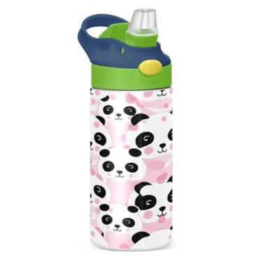 Imagem de Blueangle Garrafa de água de urso panda rosa isolada de aço inoxidável de 350 ml com tampa de canudo - Garrafa esportiva reutilizável à prova de vazamento para viagens, ao ar livre (415)