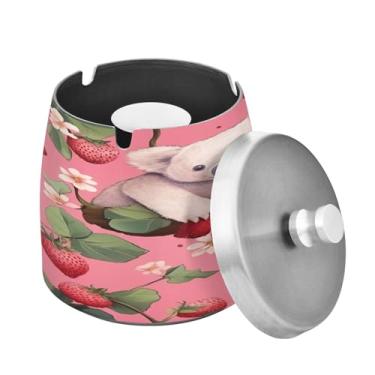 Imagem de Blueangle Cinzeiro de dois coalas morangos com tampa para cigarros, à prova de vento/chuva, aço inoxidável, sem fumaça, inodoro, cinzeiro para uso interno ou externo (105)