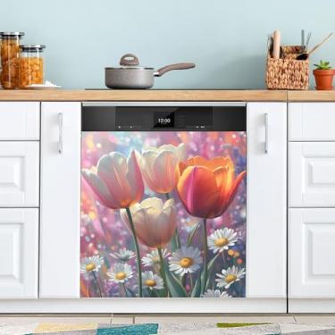 Imagem de ATTX Capa de ímã de lava-louças flores de primavera, 58 cm C x 66 cm A decoração da capa frontal da máquina de lavar louça, decalques de armário doméstico adesivos de eletrodomésticos #39