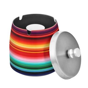 Imagem de Blueangle Cinzeiro listrado colorido do México com tampa para cigarros, à prova de vento/chuva, aço inoxidável, sem fumaça, inodoro, cinzeiro para uso interno ou externo (169)