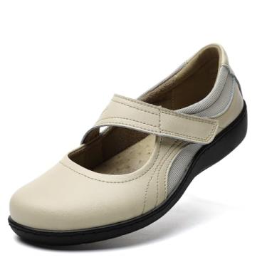 Imagem de Oviaric Sapatilhas femininas clássicas confortáveis Mary Jane, modernas, casuais, sapatos sociais, bonitos, fechados, sem cadarço, leves, respiráveis, Bege, 37