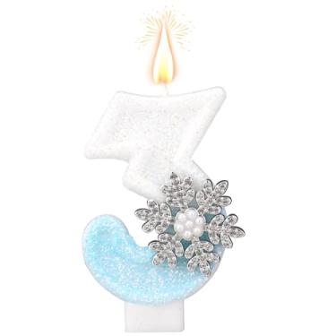 Imagem de Vela de Aniversário com Tema de Neve, Velas com Números Brilhantes Em Azul e Branco Toppers Bolo Estilo Inverno para Aniversários Comemorações Suprimentos para Festas Decoração (Número 3)