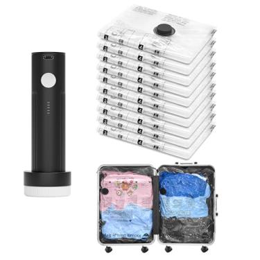 Imagem de SUOCO Sacos de vácuo de viagem para bagagem com bomba elétrica portátil, 10 sacos pequenos com lacre para roupas, mala, mochila, bolsas de compressão para armazenamento de roupas