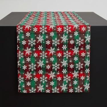 Imagem de Caminho de mesa de Natal | Decoração de mesa de férias de inverno de 177 cm - Design xadrez de floco de neve vermelho e verde