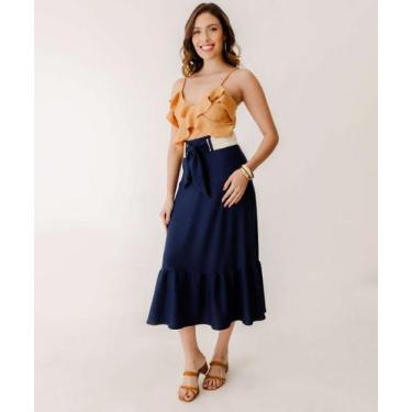 Imagem de Saia Midi Feminina Textura Cinto Marisa-59116, Azul, P