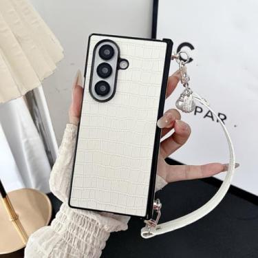 Imagem de Capa de luxo com padrão de pele de crocodilo para Samsung Galaxy Z Fold 7 6 5 4 3 Zfold7 Zfold6 com cordão (para Galaxy Z Fold3 5G/Branco)