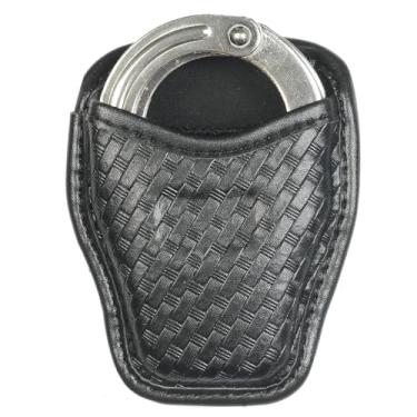 Imagem de Suporte de bolsa de algema moldado na parte superior aberta, estojo de couro para cinto de aplicação da lei com clipe de cinto giratório de 360 graus