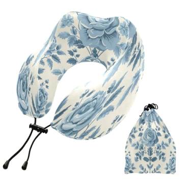 Imagem de CEBUGI Travesseiros de viagem portáteis em forma de U, travesseiro de pescoço de espuma viscoelástica com trava de corda ajustável para avião, viagem, trem, negócios, escritório, soneca (estampa
