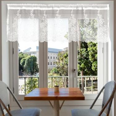 Imagem de WJIAAA Saias de renda para janelas, saia de cortina 132 x 40 cm com bolso de haste de 6 cm, saia floral de renda transparente para cozinha, sala de estar, quarto