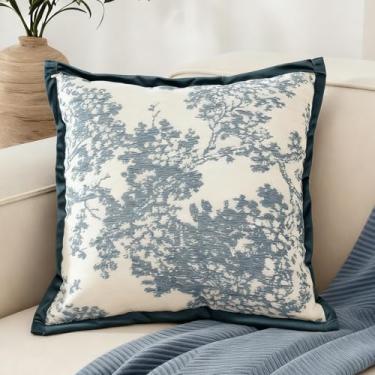 Imagem de RinRinfam Capa de almofada texturizada de árvore bordada 45,7 x 45,72 cm, fronhas de chenille florestal, decoração de quarto de fazenda para sofá ao ar livre quarto carro azul pavão