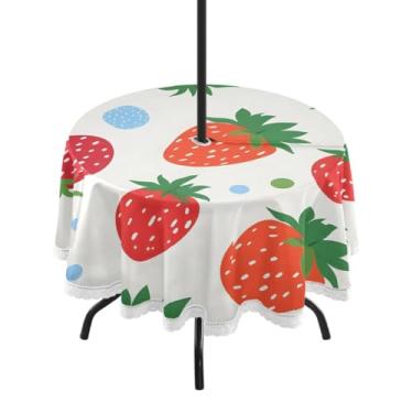 Imagem de CEBUGI Toalha de mesa redonda para uso externo, vermelho, morango, impermeável, com furo Umberlla, capa de mesa lavável para pátio, cozinha, sala de jantar, 152 cm