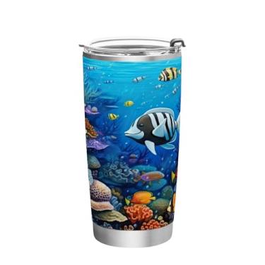 Imagem de Wassud Copo colorido de recife de peixe com tampa e canudo de aço inoxidável de parede dupla copo isolado copo de viagem caneca de café para bebidas frias e quentes 350 ml