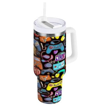 Imagem de Kigai Copo térmico de 1,134 g com alça, controle de gamepad de desenho animado com tampa e canudo, garrafa de água esportiva grande de metal, caneca de café de viagem de aço inoxidável