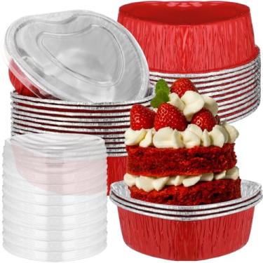 Imagem de Honeydak 25 peças de formas de bolo em forma de coração para assar com tampas 10 cm/170 g, copos de cupcake de folha de alumínio dos namorados, mini forros de bolo de coração, latas descartáveis para