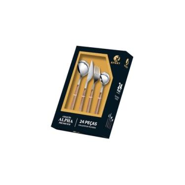 Imagem de Conjunto 24 Peças Talheres Cabo Tipo Madeira, Aço Inox, 6 Garfos, 6 Facas Churrasco, 6 Colheres Mesa, 6 Colheres Sobremesa