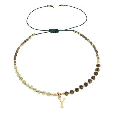 Imagem de Frigotine Pulseiras com inicial de pedra natural com contas douradas para mulheres e adolescentes, boêmio feito à mão verde escuro personalizado contas de pedra turquesa nome da letra pulseira