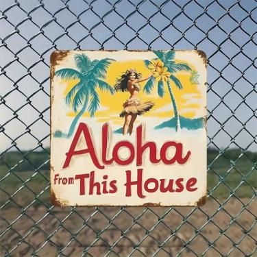 Imagem de Aloha From This House Hula Dancer Vintage Metal Tin Sign Wall Art - Decoração de parede retrô de 20 x 20 cm para casa, bar, garagem e escritório fazenda