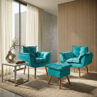 Imagem de Kit 2 Poltronas Decorativa e Puff Para Sala Recepção Manicure Consultório Quarto Alice Tecido Suede