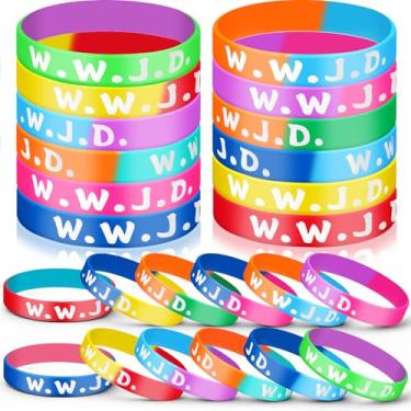 Imagem de Cunno 24 pulseiras de borracha WWJD coloridas a granel pulseiras de silicone para homens e mulheres lembrancinhas de festa cristãs Jesus WWJD inspiradoras pulseiras motivacionais presentes de Natal