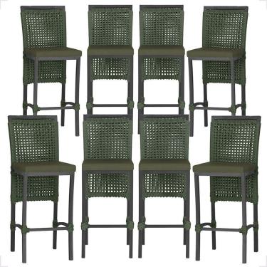 Imagem de 8 Banquetas Em Alumínio Roma Preta Corda Náutica Tecido 13 Verde