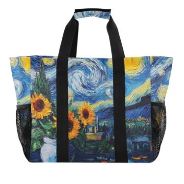 Imagem de ODAWA Bolsa de praia de lona à prova de areia azul com girassóis de noite estrelada para esportes e piscina, sacola de lona para férias, Girassóis de noite estrelada azul, One Size