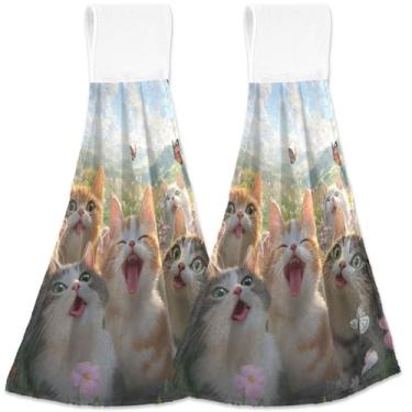 Imagem de TSENQUE Cute Cats Toalhas de mão florais engraçadas com laços para pendurar toalhas de forno personalizadas conjunto de 2 toalhas de cozinha macias absorventes de outono fofas, 46 x 35 centímetros